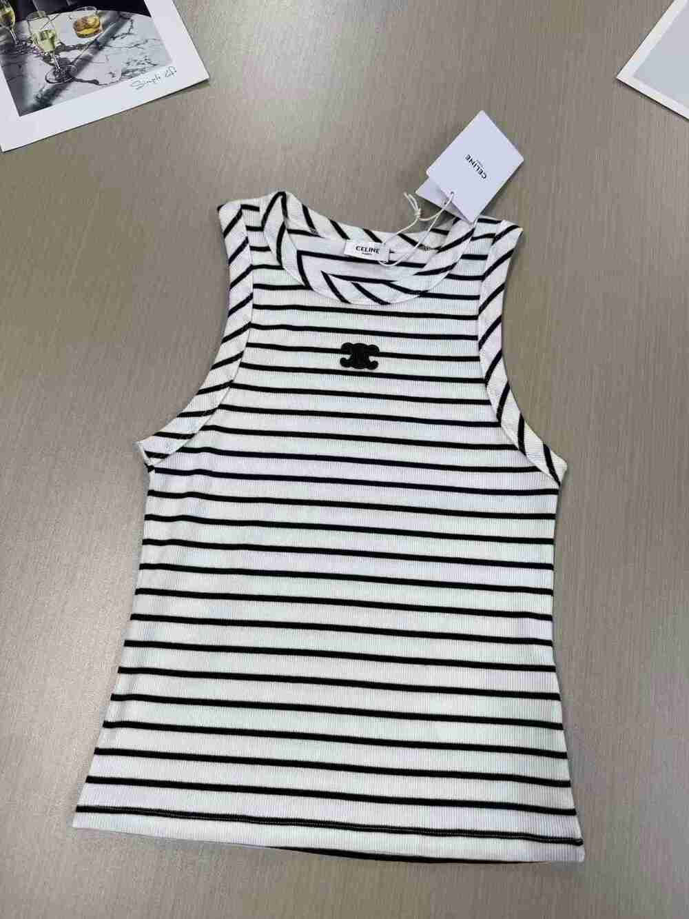 ✨Celine Triomphe Embroidered Black White Striped Ribbed Tank Top